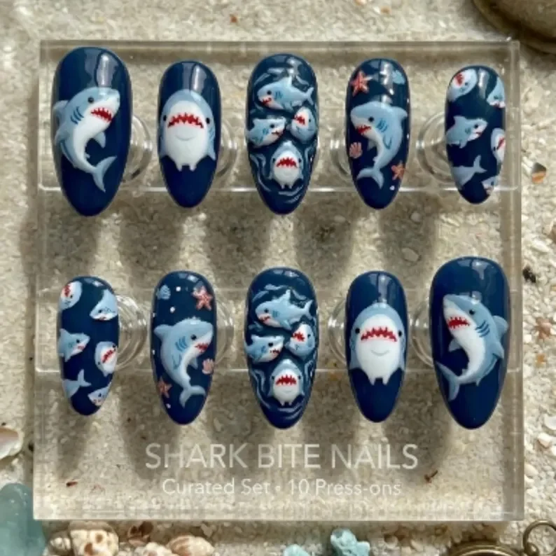 ocean themed nails, faux nail set, press on nails, custom press on nails, fake nails, Nails Art, stained glass nails, gold press on nails, 3d press on nails, luxury press on nails, handmade press on nails