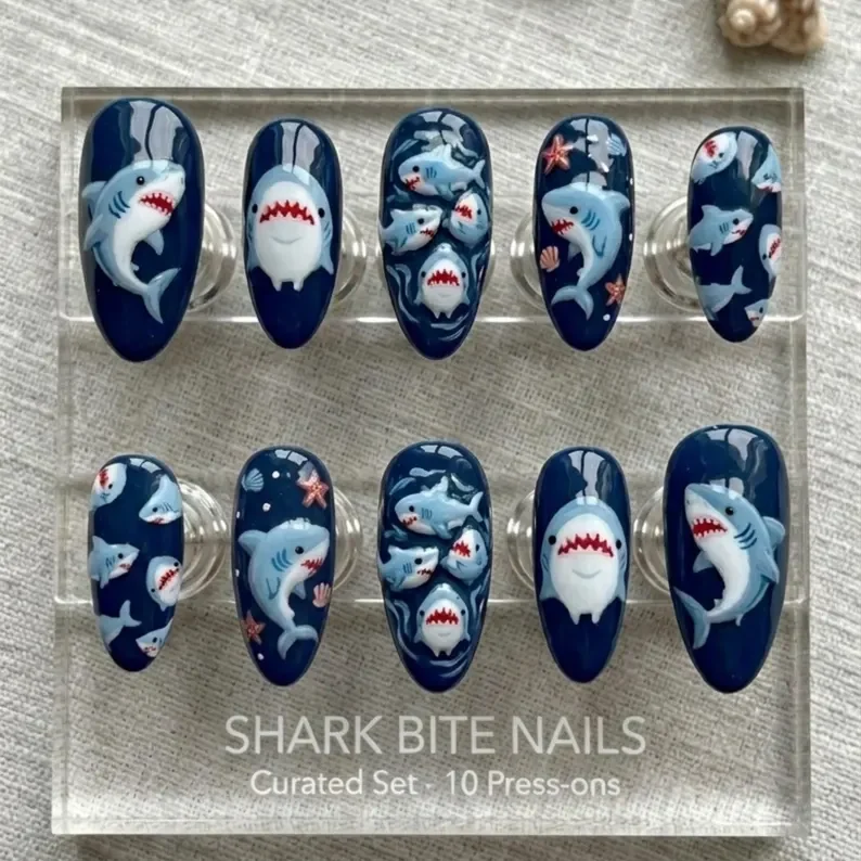 beachy marine nails, hand-painted press on nails, press on nails, custom press on nails, fake nails, Nails Art, stained glass nails, gold press on nails, 3d press on nails, luxury press on nails, handmade press on nails