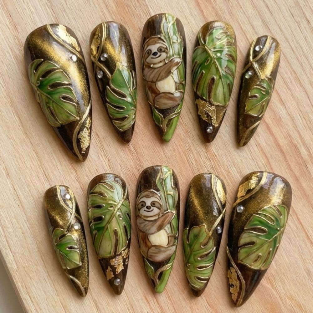 hand-painted sloth nails, emerald gold nails, press on nails, custom press on nails, fake nails, Nails Art, stained glass nails, gold press on nails, 3d press on nails, luxury press on nails, handmade press on nails