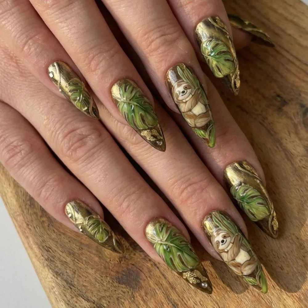 sloth nail art, emerald gold manicure, press on nails, custom press on nails, fake nails, Nails Art, stained glass nails, gold press on nails, 3d press on nails, luxury press on nails, handmade press on nails