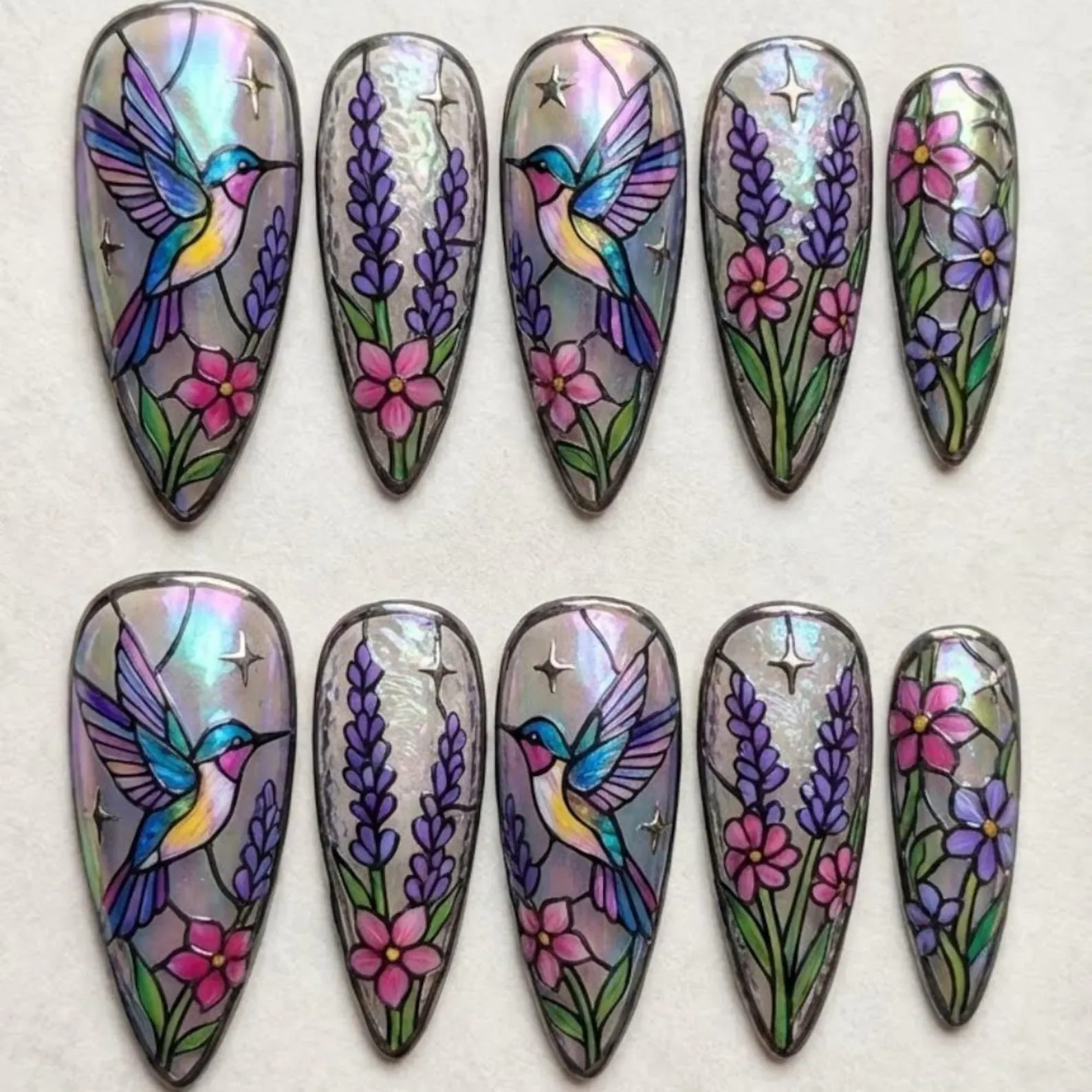 hand-painted stained glass, hummingbird press on, press on nails, custom press on nails, fake nails, Nails Art, stained glass nails, gold press on nails, 3d press on nails, luxury press on nails, handmade press on nails