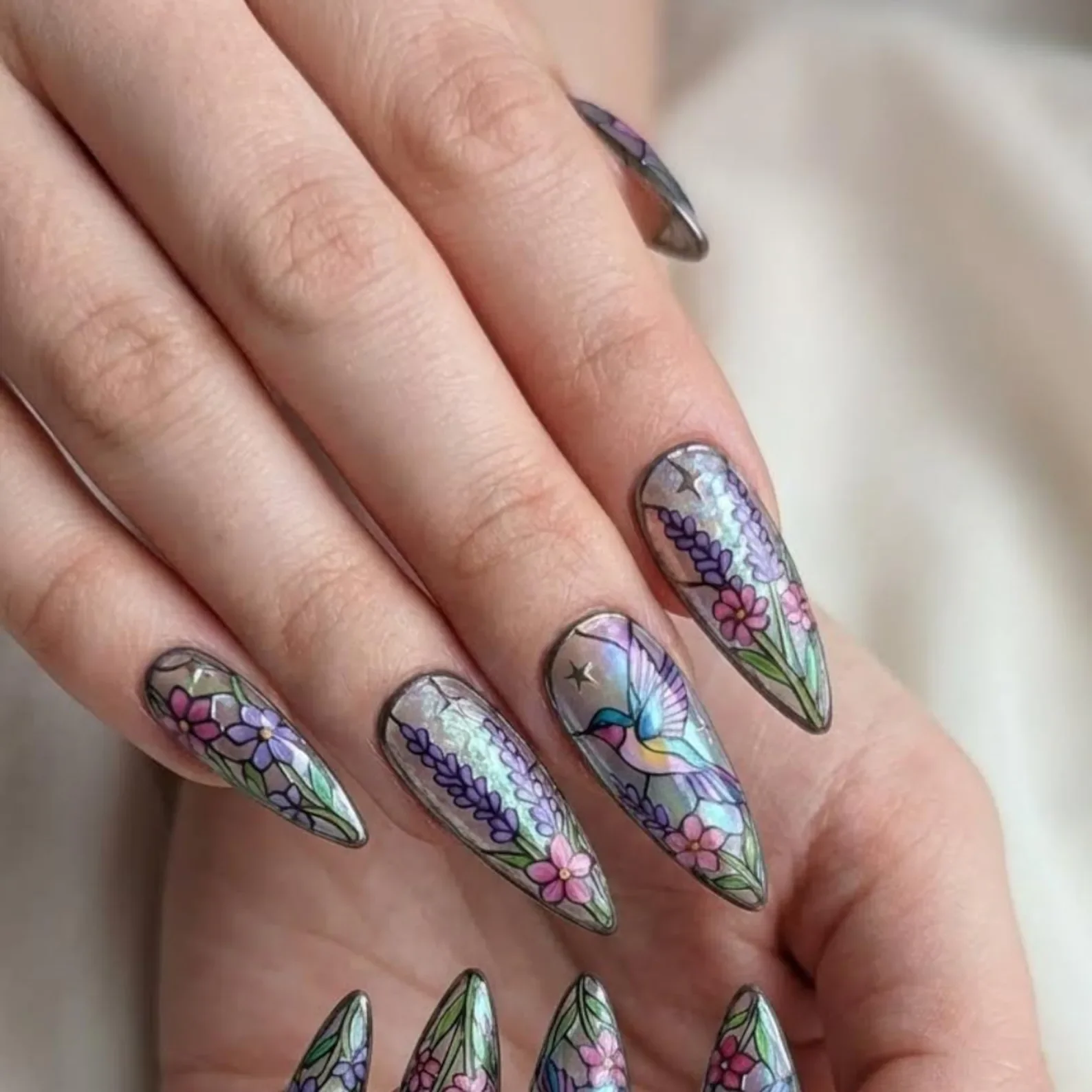 floral luxury, lavender false nails, press on nails, custom press on nails, fake nails, Nails Art, stained glass nails, gold press on nails, 3d press on nails, luxury press on nails, handmade press on nails