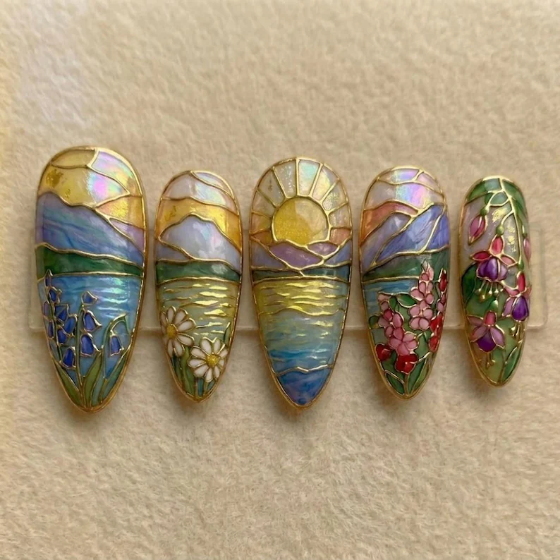 wildflower sunrise, cloisonné luxury, press on nails, custom press on nails, fake nails, Nails Art, stained glass nails, gold press on nails, 3d press on nails, luxury press on nails, handmade press on nails