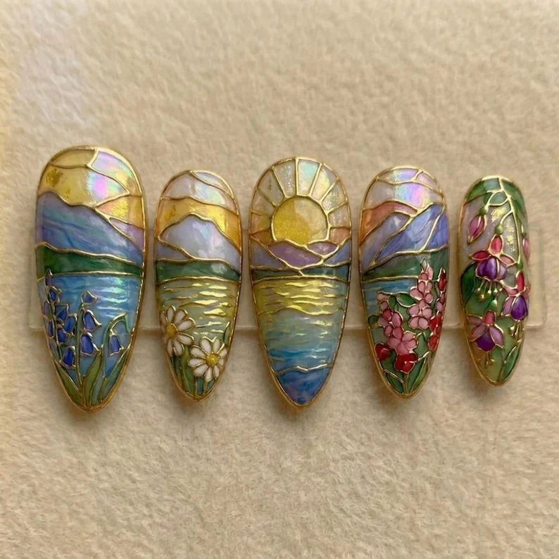 hand-painted stained glass, landscape nails, press on nails, custom press on nails, fake nails, Nails Art, stained glass nails, gold press on nails, 3d press on nails, luxury press on nails, handmade press on nails