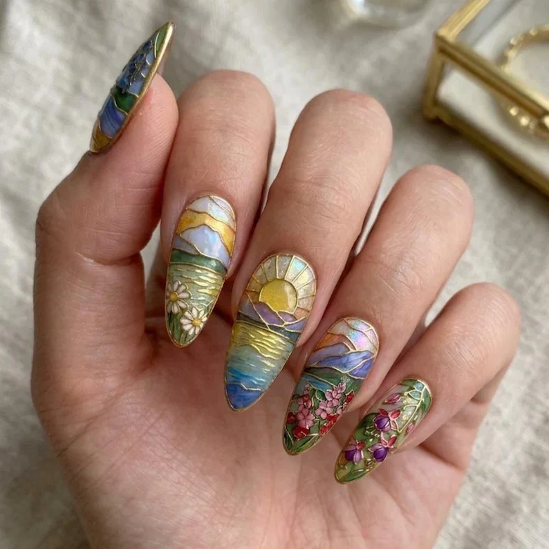 wildflower sunrise, cloisonné luxury, press on nails, custom press on nails, fake nails, Nails Art, stained glass nails, gold press on nails, 3d press on nails, luxury press on nails, handmade press on nails