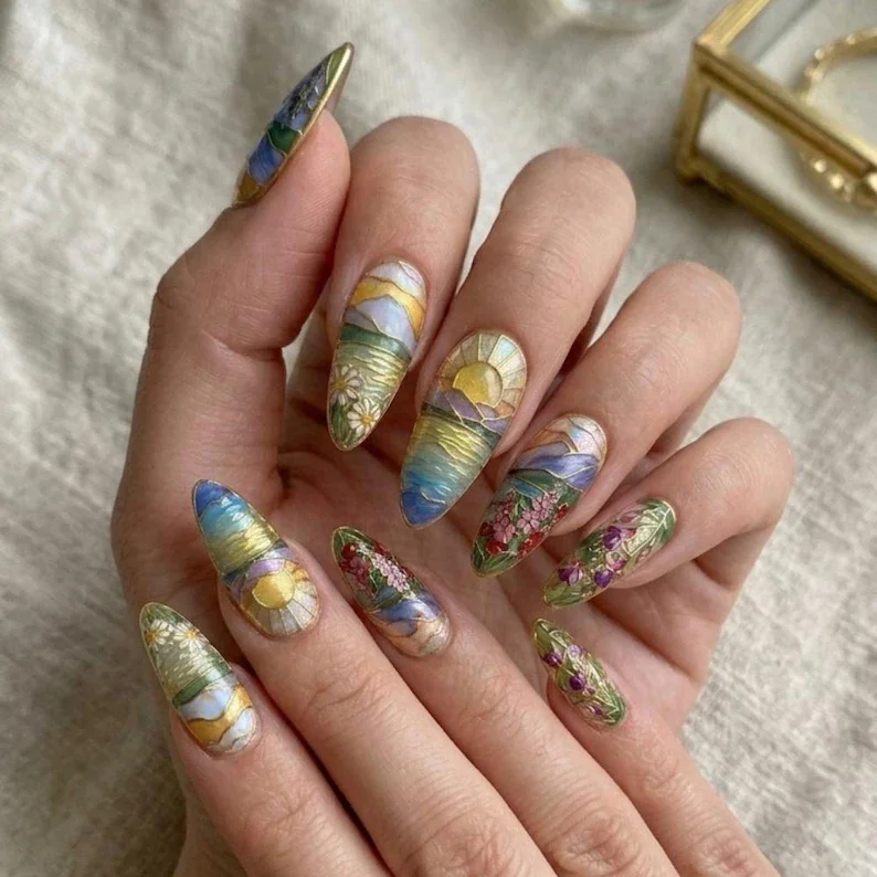 stained glass art, luxury nail set, press on nails, custom press on nails, fake nails, Nails Art, stained glass nails, gold press on nails, 3d press on nails, luxury press on nails, handmade press on nails