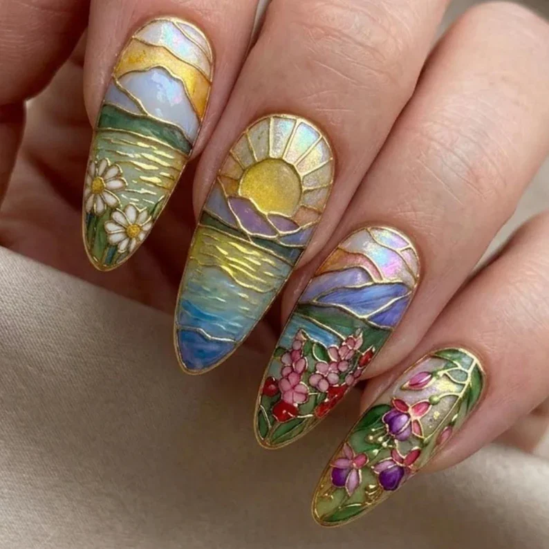 art nails, landscape manicure, press on nails, custom press on nails, fake nails, Nails Art, stained glass nails, gold press on nails, 3d press on nails, luxury press on nails, handmade press on nails