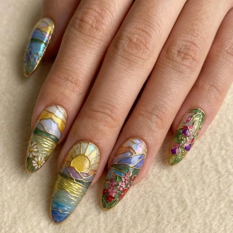 hand-painted stained glass, landscape nails, press on nails, custom press on nails, fake nails, Nails Art, stained glass nails, gold press on nails, 3d press on nails, luxury press on nails, handmade press on nails