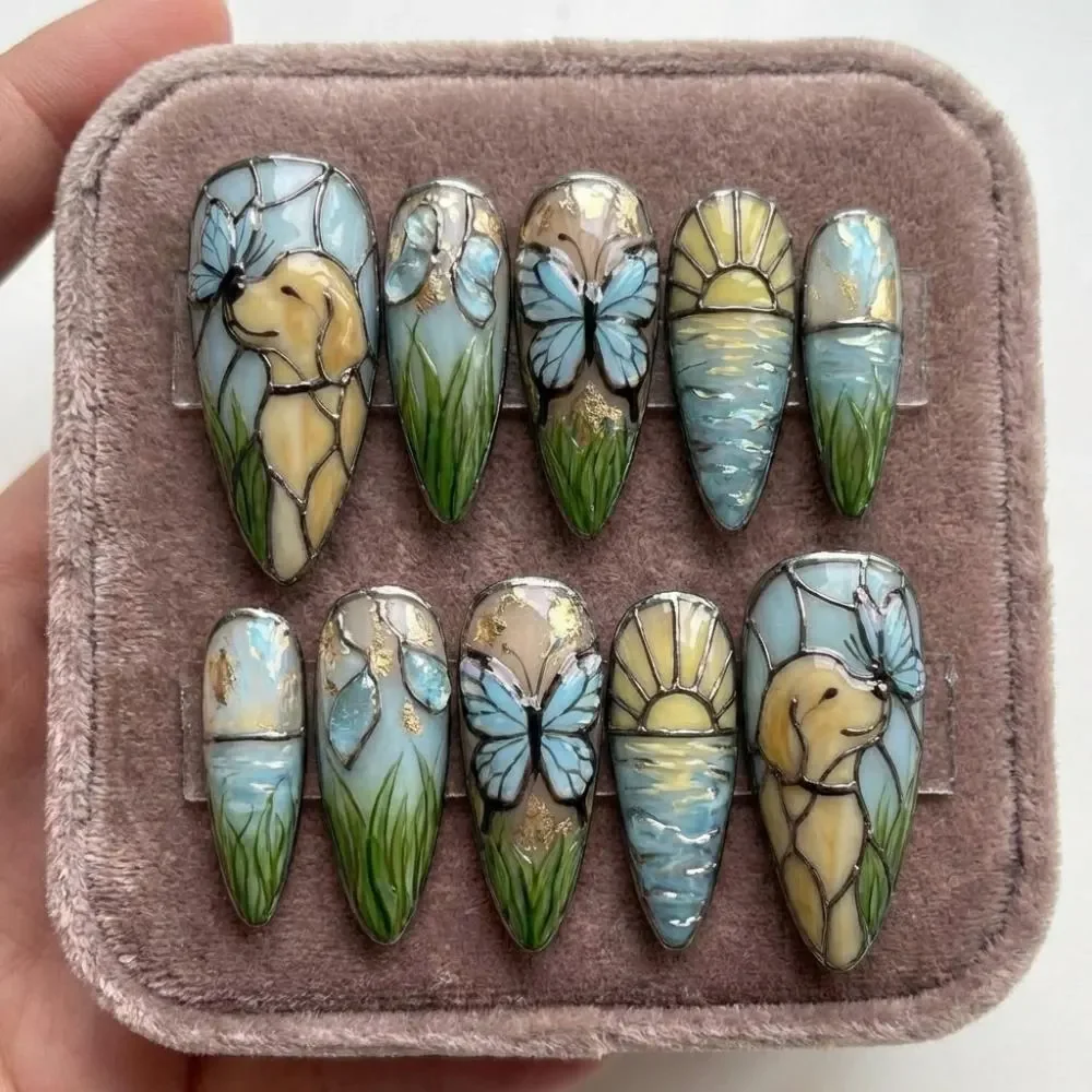 golden retriever art, butterfly sunset, press on nails, custom press on nails, fake nails, Nails Art, stained glass nails, gold press on nails, 3d press on nails, luxury press on nails, handmade press on nails