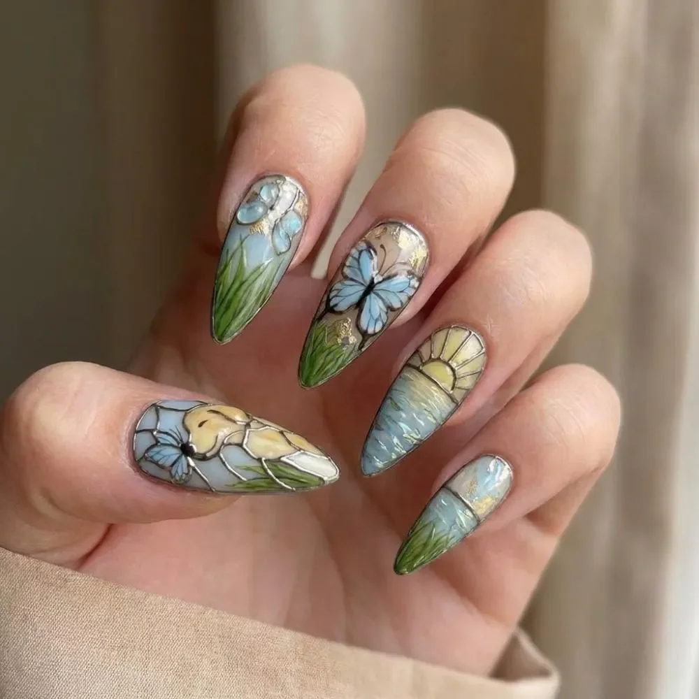 sunset nail art, golden retriever nails, press on nails, custom press on nails, fake nails, Nails Art, stained glass nails, gold press on nails, 3d press on nails, luxury press on nails, handmade press on nails