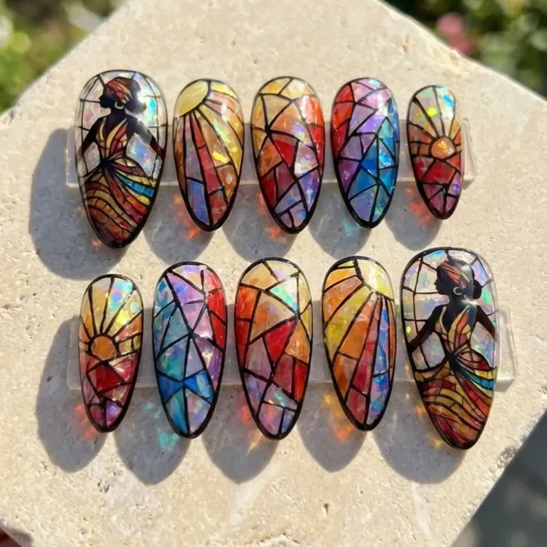 hand painted nails, stained glass nails, press on nails, custom press on nails, fake nails, Nails Art, gold press on nails, 3d press on nails, luxury press on nails, handmade press on nails