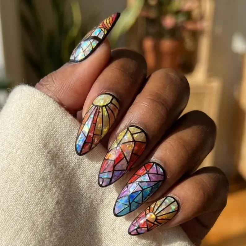 mosaic nails, iridescent nails, press on nails, custom press on nails, fake nails, Nails Art, stained glass nails, gold press on nails, 3d press on nails, luxury press on nails, handmade press on nails