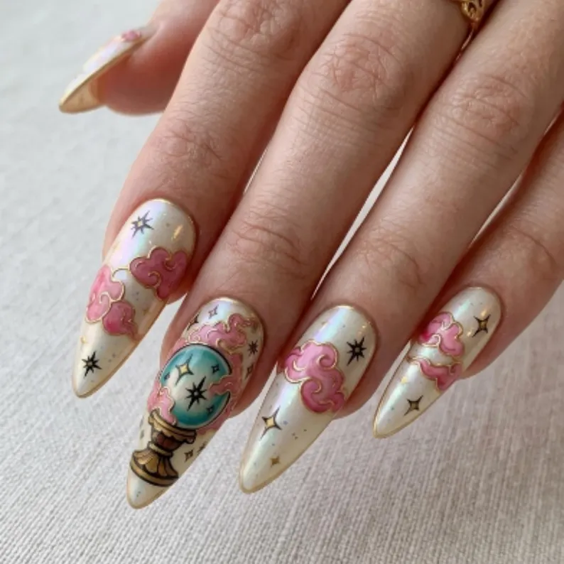 mystic crystal ball, celestial art, press on nails, custom press on nails, fake nails, Nails Art, stained glass nails, gold press on nails, 3d press on nails, luxury press on nails, handmade press on nails