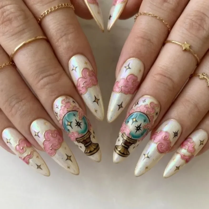 mystic crystal ball, celestial art, press on nails, custom press on nails, fake nails, Nails Art, stained glass nails, gold press on nails, 3d press on nails, luxury press on nails, handmade press on nails