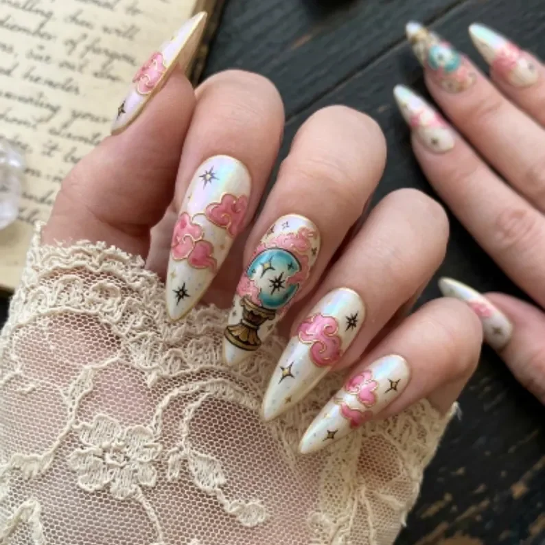 stained glass nails, crystal ball design, press on nails, custom press on nails, fake nails, Nails Art, gold press on nails, 3d press on nails, luxury press on nails, handmade press on nails