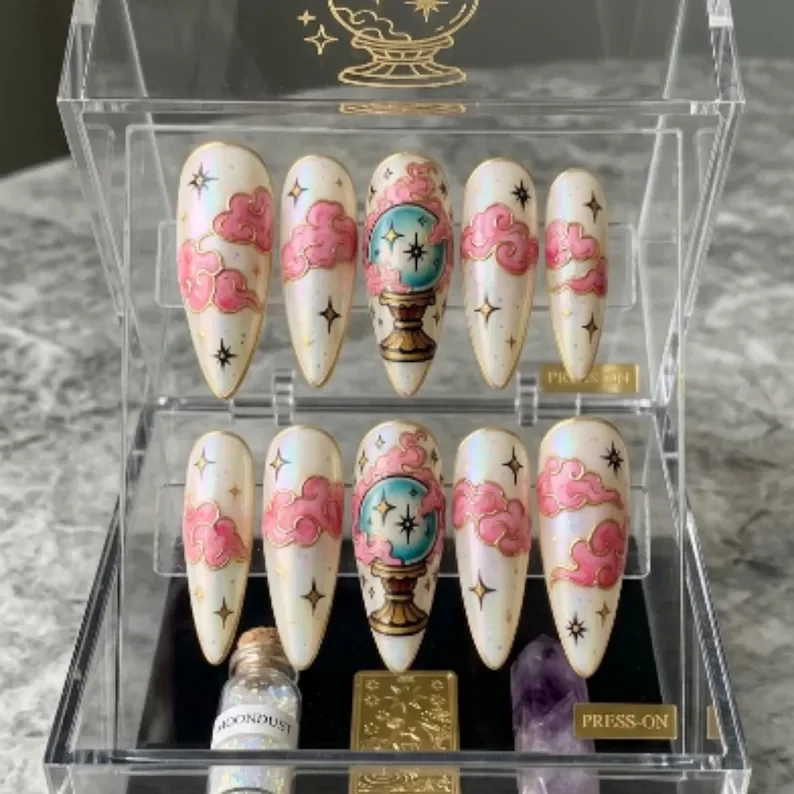 celestial nails, hand painted nails, press on nails, custom press on nails, fake nails, Nails Art, stained glass nails, gold press on nails, 3d press on nails, luxury press on nails, handmade press on nails