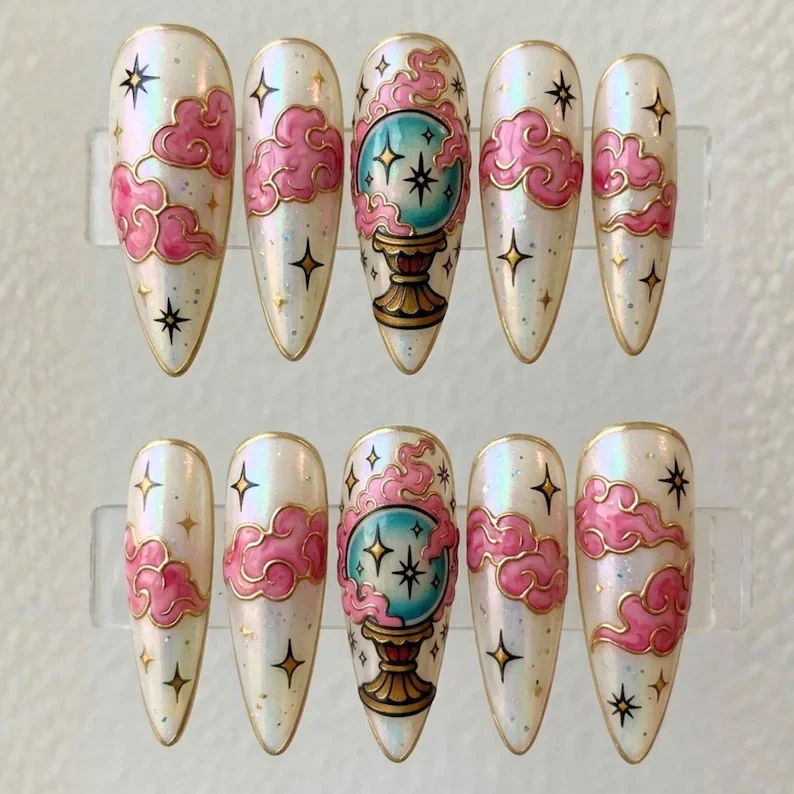 hand-painted stained glass, press on nails, custom press on nails, fake nails, Nails Art, stained glass nails, gold press on nails, 3d press on nails, luxury press on nails, handmade press on nails