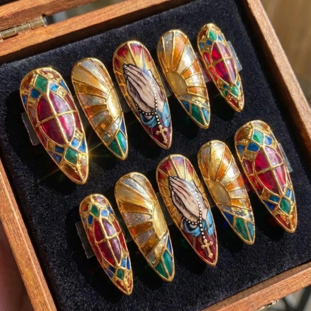 hand-painted stained glass, press on nails, custom press on nails, fake nails, Nails Art, stained glass nails, gold press on nails, 3d press on nails, luxury press on nails, handmade press on nails