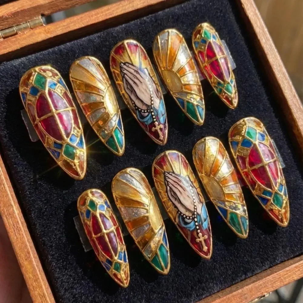 hand-painted stained glass, press on nails, custom press on nails, fake nails, Nails Art, stained glass nails, gold press on nails, 3d press on nails, luxury press on nails, handmade press on nails