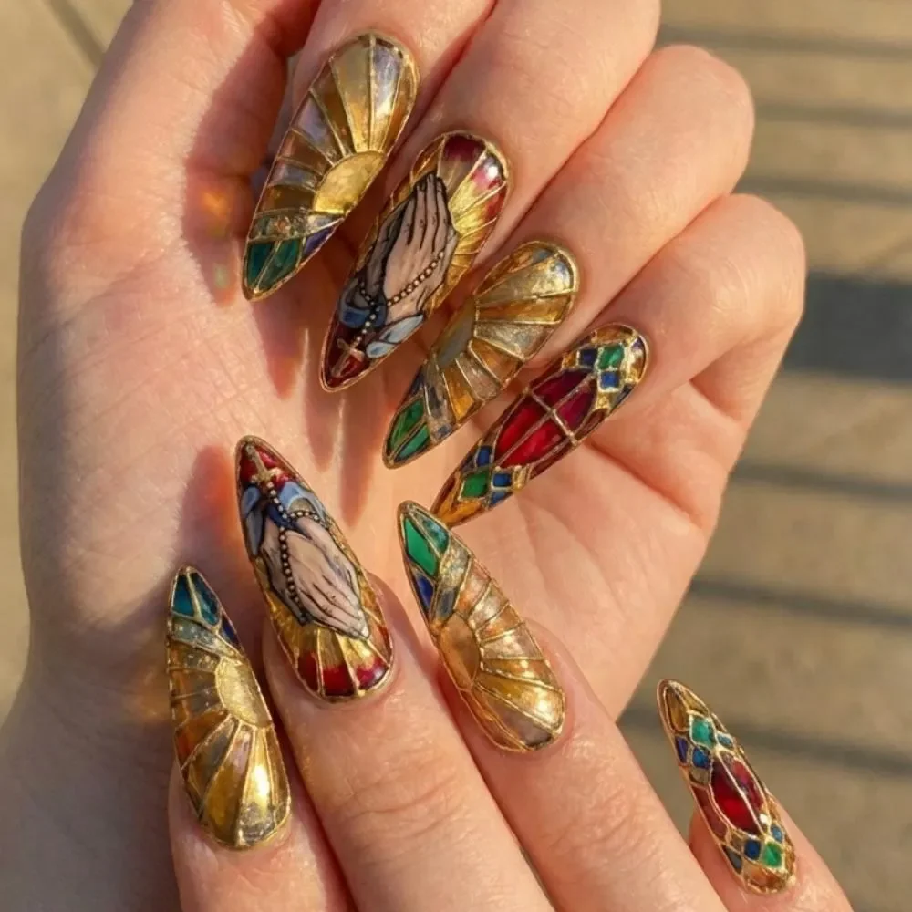 religious rosary, rosary design, press on nails, custom press on nails, fake nails, Nails Art, stained glass nails, gold press on nails, 3d press on nails, luxury press on nails, handmade press on nails