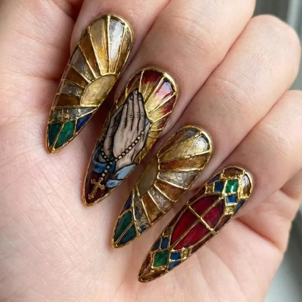 stained glass nails, press on nail set, press on nails, custom press on nails, fake nails, Nails Art, gold press on nails, 3d press on nails, luxury press on nails, handmade press on nails