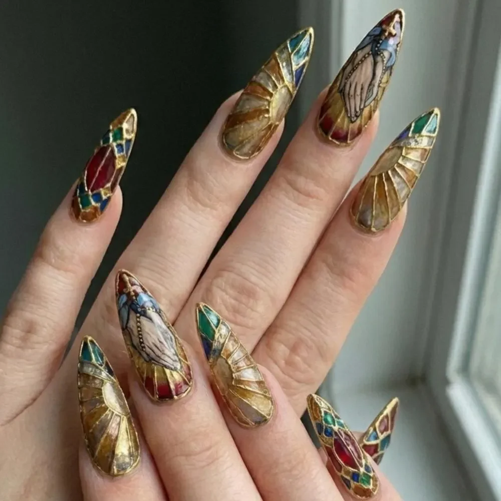 hand painted nails, religious nails, press on nails, custom press on nails, fake nails, Nails Art, stained glass nails, gold press on nails, 3d press on nails, luxury press on nails, handmade press on nails