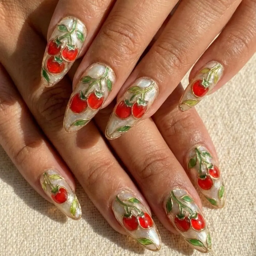 hand-painted press on nails, tomato vine nails, press on nails, custom press on nails, fake nails, Nails Art, stained glass nails, gold press on nails, 3d press on nails, luxury press on nails, handmade press on nails