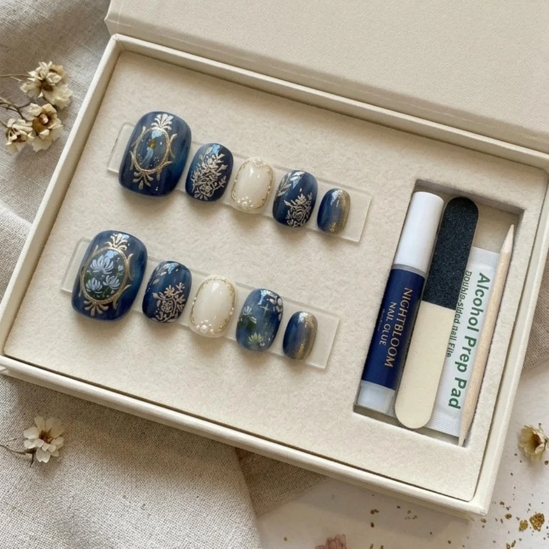 navy gold pedicure, dark academia nails, press on nails, custom press on nails, fake nails, Nails Art, stained glass nails, gold press on nails, 3d press on nails, luxury press on nails, handmade press on nails