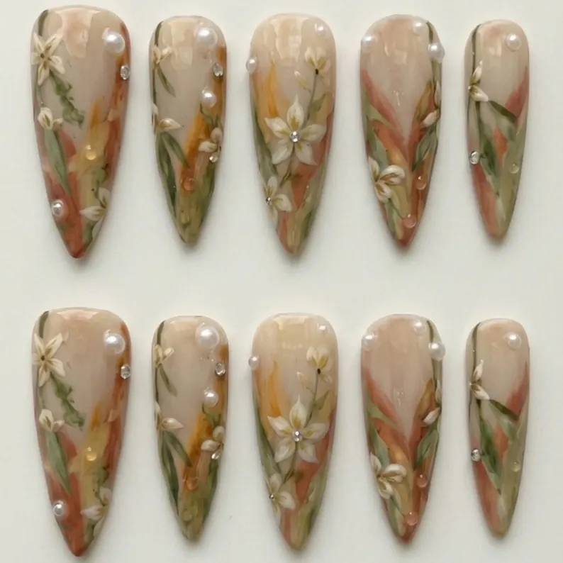 watercolor floral, boho art nails, press on nails, custom press on nails, fake nails, Nails Art, stained glass nails, gold press on nails, 3d press on nails, luxury press on nails, handmade press on nails