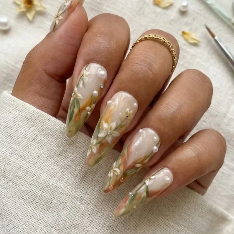 watercolor floral, boho art nails, press on nails, custom press on nails, fake nails, Nails Art, stained glass nails, gold press on nails, 3d press on nails, luxury press on nails, handmade press on nails