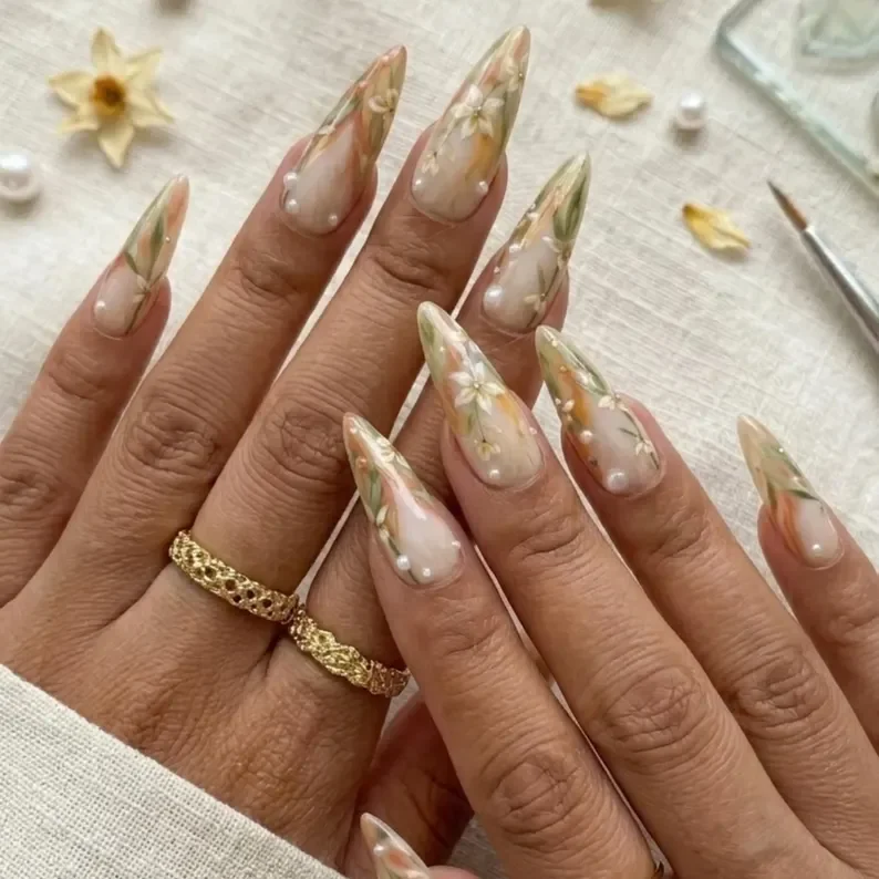 white lily, press on nails, custom press on nails, fake nails, Nails Art, stained glass nails, gold press on nails, 3d press on nails, luxury press on nails, handmade press on nails