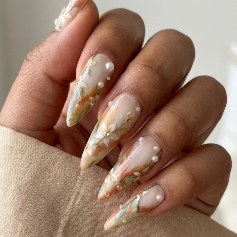 boho floral, floral nail design, press on nails, custom press on nails, fake nails, Nails Art, stained glass nails, gold press on nails, 3d press on nails, luxury press on nails, handmade press on nails