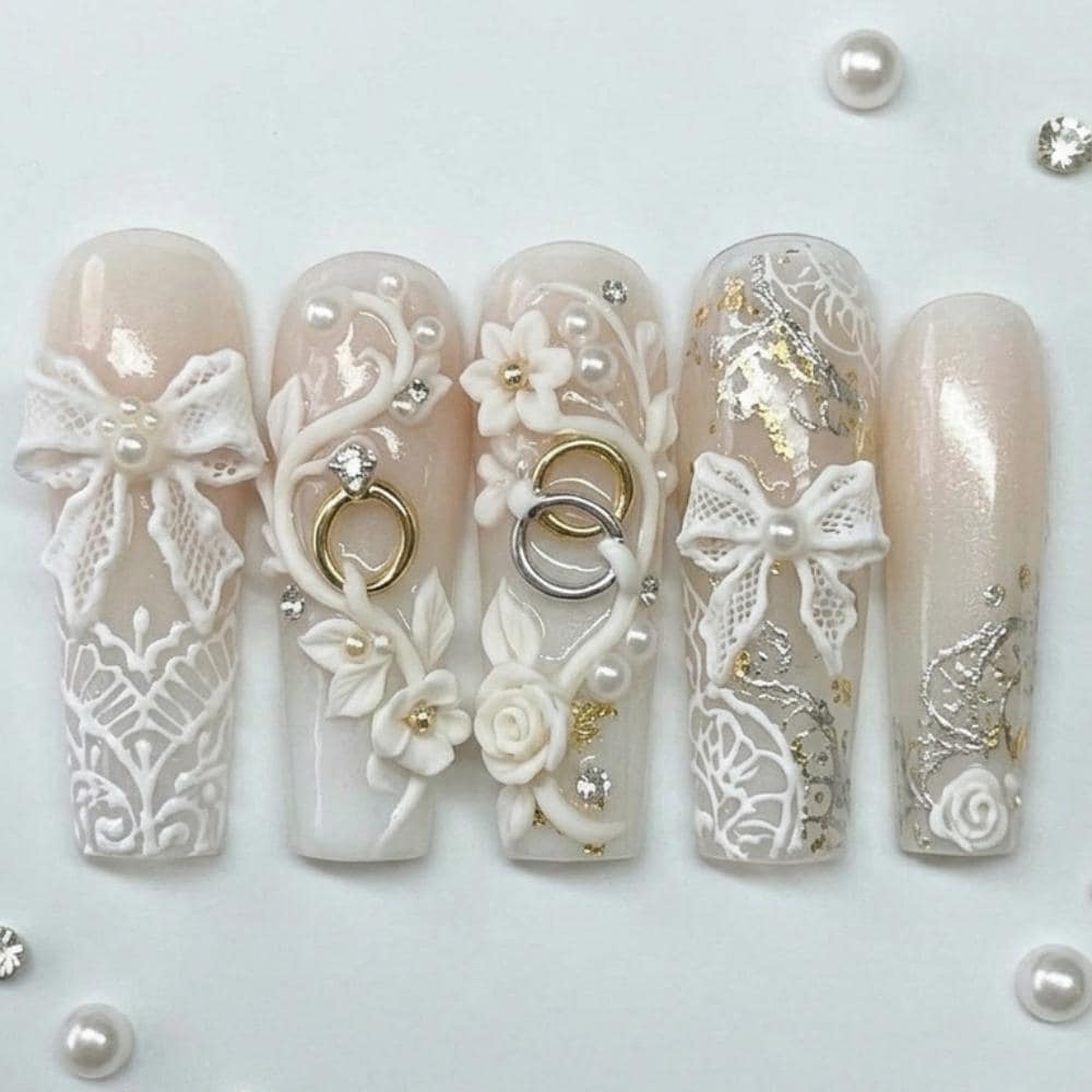 hand-sculpted lace, wedding ring charms, press on nails, custom press on nails, fake nails, Nails Art, stained glass nails, gold press on nails, 3d press on nails, luxury press on nails, handmade press on nails