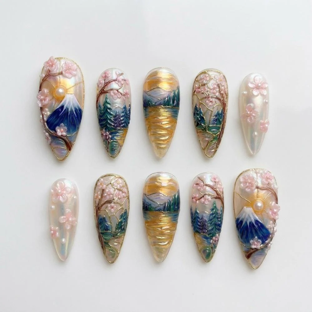 Hand-Sculpted Nails, Mt Fuji Sakura, press on nails, custom press on nails, fake nails, Nails Art, stained glass nails, gold press on nails, 3d press on nails, luxury press on nails, handmade press on nails