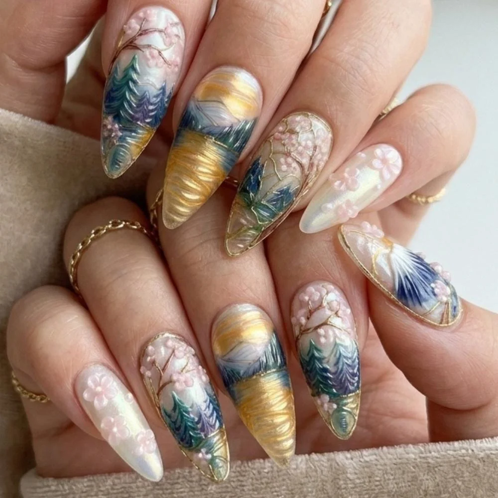 3D Japanese Art, Japanese Landscape, press on nails, custom press on nails, fake nails, Nails Art, stained glass nails, gold press on nails, 3d press on nails, luxury press on nails, handmade press on nails