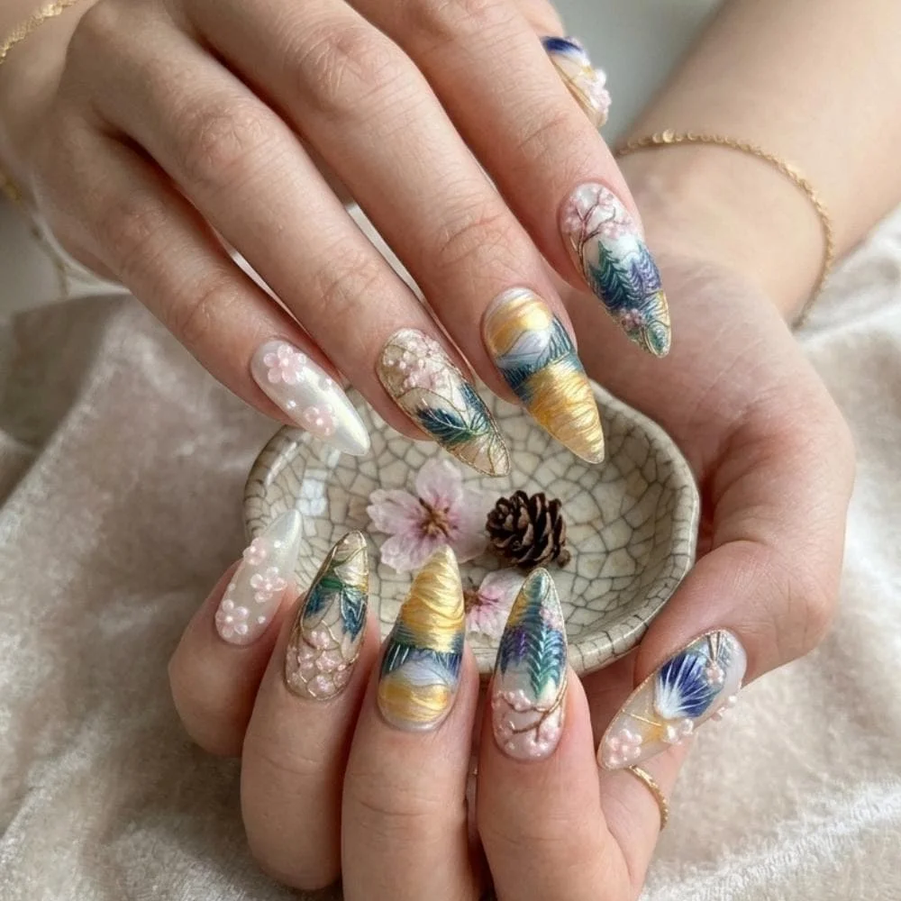 Sakura Nail Art, Mt Fuji Nail Design, press on nails, custom press on nails, fake nails, Nails Art, stained glass nails, gold press on nails, 3d press on nails, luxury press on nails, handmade press on nails
