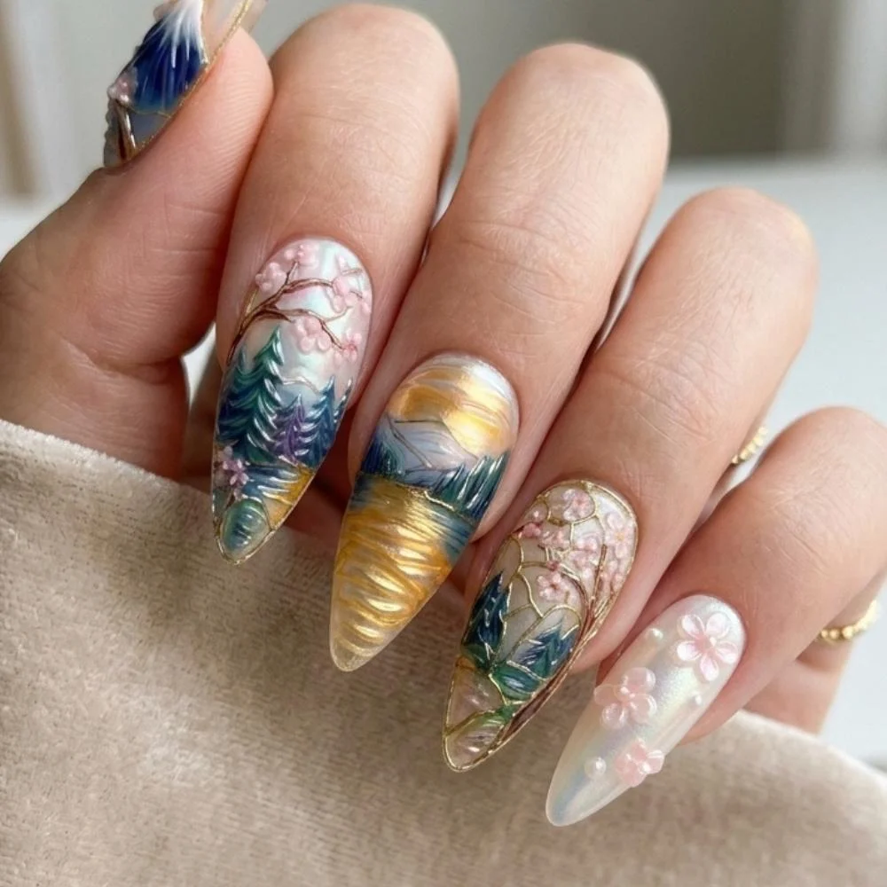 Handcrafted Nail Set, Japanese Art Nails, press on nails, custom press on nails, fake nails, Nails Art, stained glass nails, gold press on nails, 3d press on nails, luxury press on nails, handmade press on nails