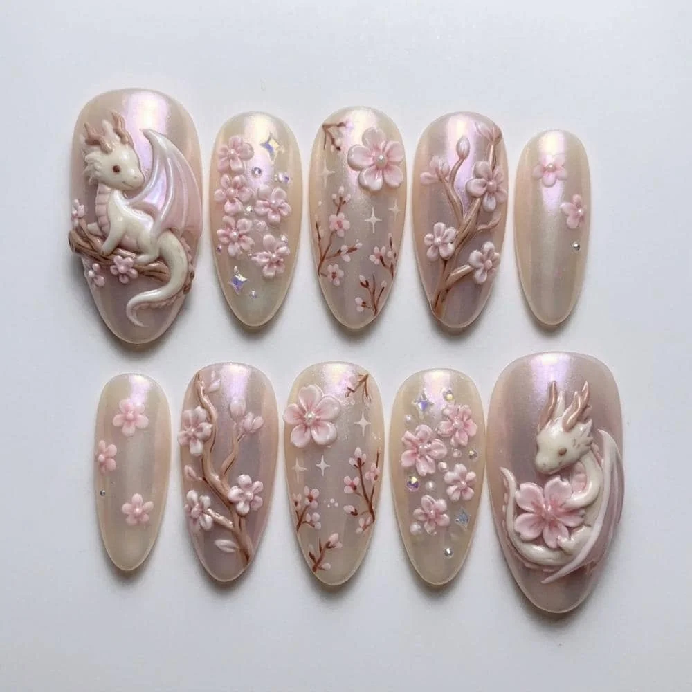 handmade 3D nails, baby dragon nails, press on nails, custom press on nails, fake nails, Nails Art, stained glass nails, gold press on nails, 3d press on nails, luxury press on nails, handmade press on nails