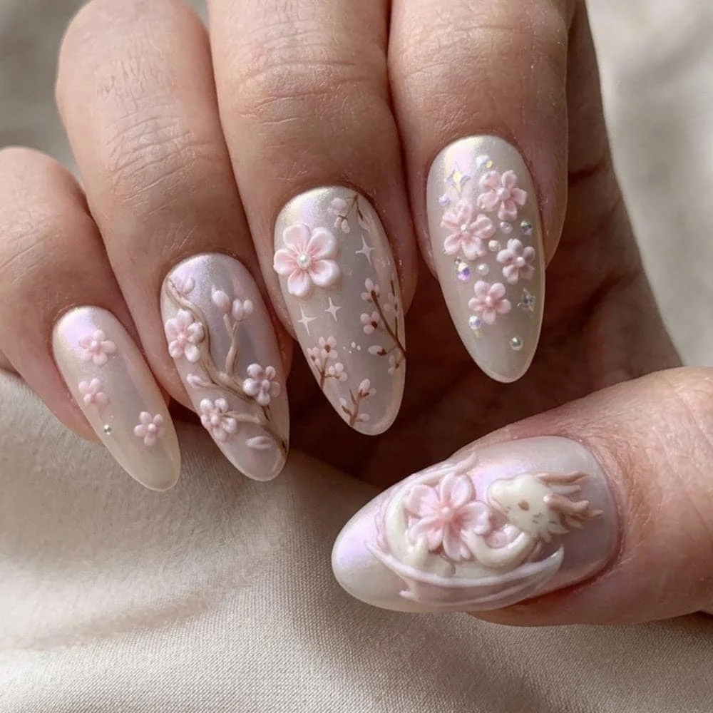 sakura press on, kawaii cherry blossom, press on nails, custom press on nails, fake nails, Nails Art, stained glass nails, gold press on nails, 3d press on nails, luxury press on nails, handmade press on nails