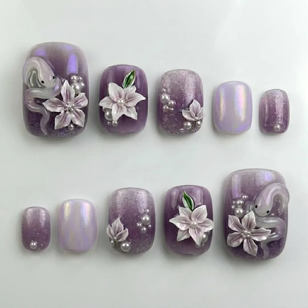 lavender glitter, 3D floral nails, press on nails, custom press on nails, fake nails, Nails Art, stained glass nails, gold press on nails, 3d press on nails, luxury press on nails, handmade press on nails