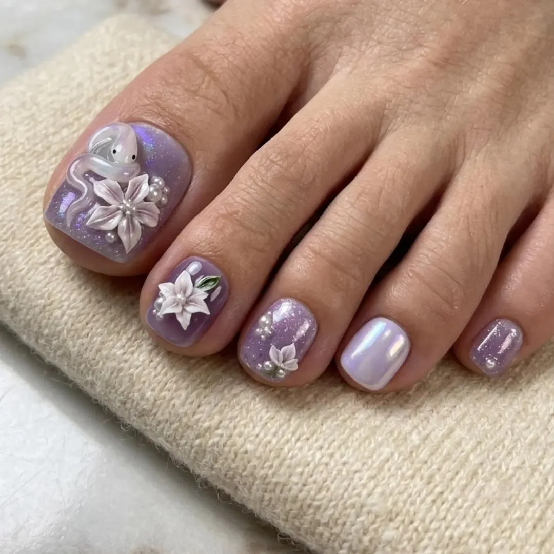 pearl toe pedicure, toe nail art, press on nails, custom press on nails, fake nails, Nails Art, stained glass nails, gold press on nails, 3d press on nails, luxury press on nails, handmade press on nails