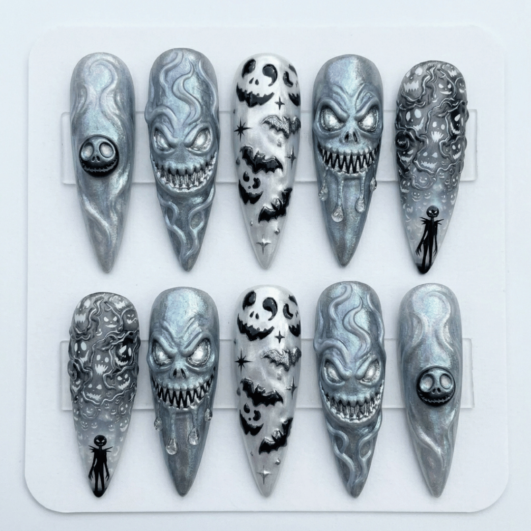 Gothic Silver Metallic, Luxury Spooky Nails, press on nails, custom press on nails, fake nails, Nails Art, stained glass nails, gold press on nails, 3d press on nails, luxury press on nails, handmade press on nails