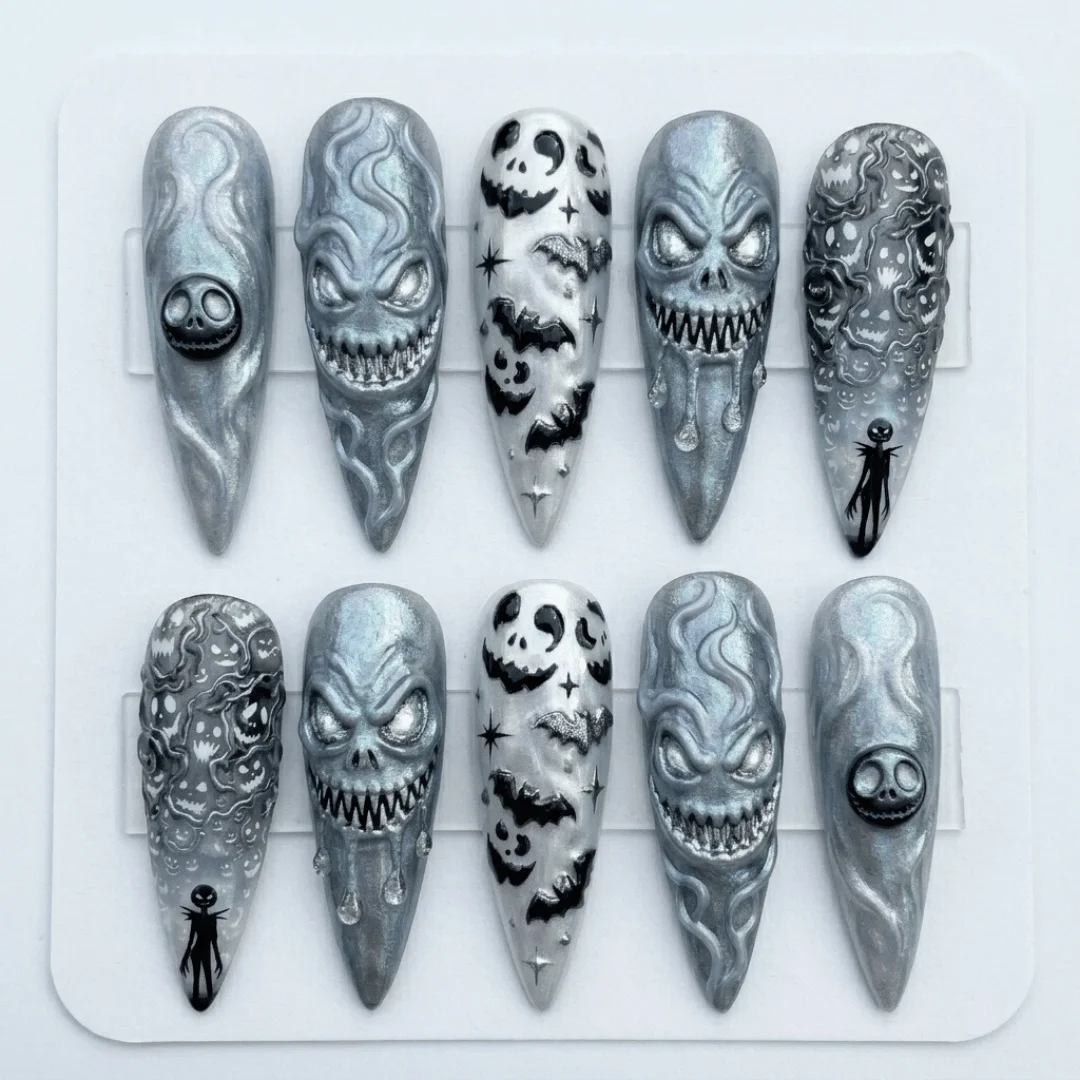 Handmade 3D Press On Nails, Jack Skellington Nails, press on nails, custom press on nails, fake nails, Nails Art, stained glass nails, gold press on nails, 3d press on nails, luxury press on nails, handmade press on nails