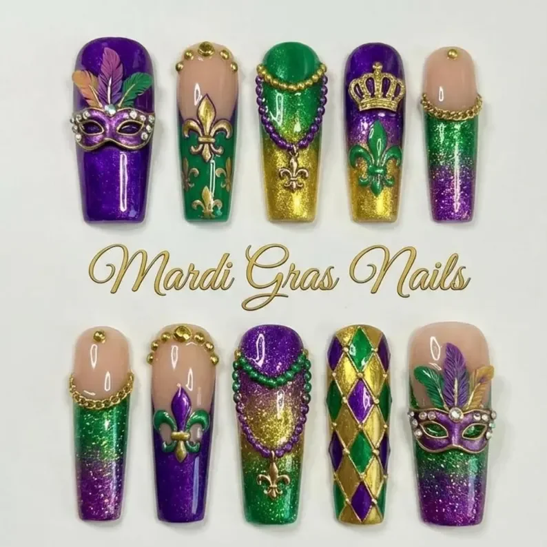 Mardi Gras nails, handmade nails, press on nails, custom press on nails, fake nails, Nails Art, stained glass nails, gold press on nails, 3d press on nails, luxury press on nails, handmade press on nails