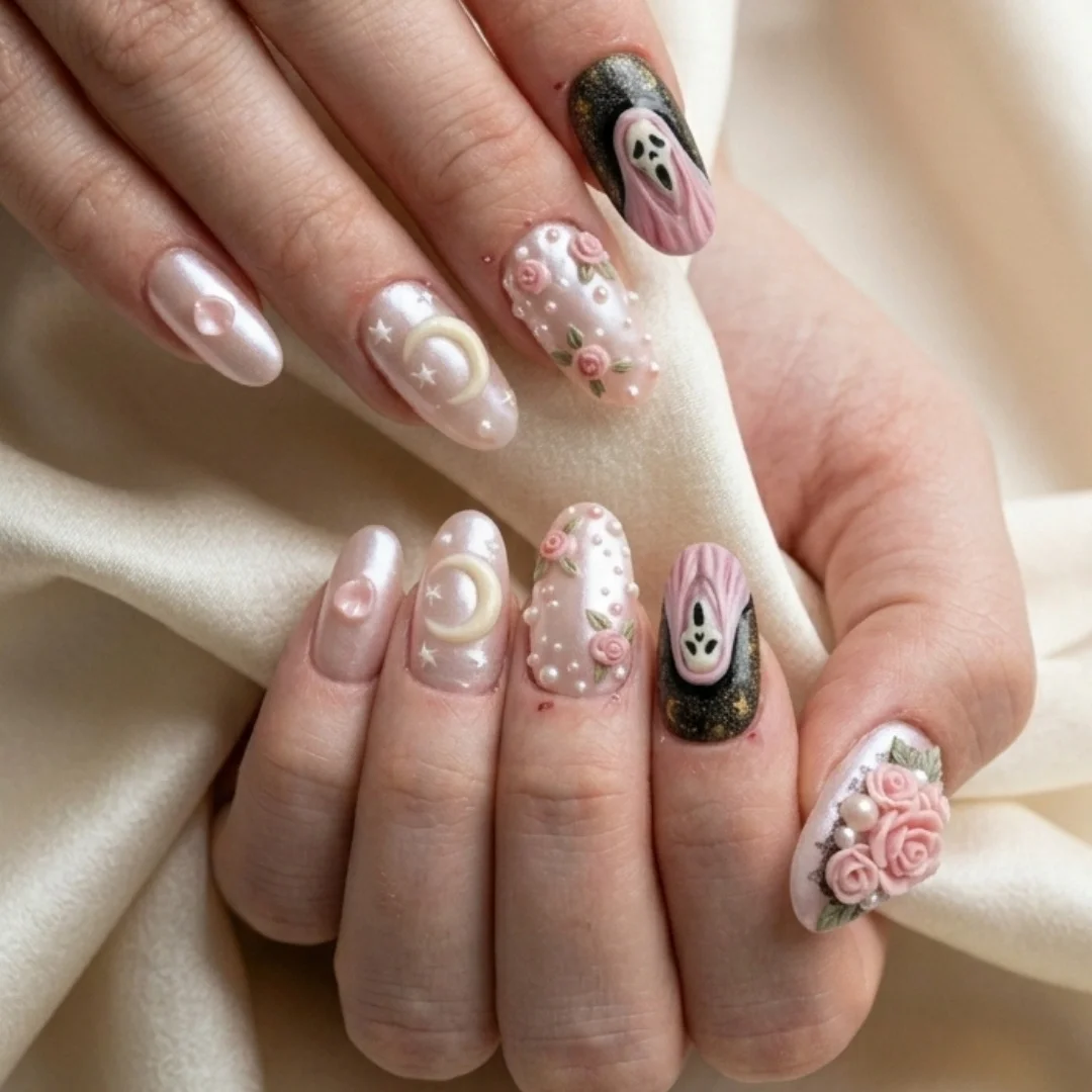 Halloween false nails, spooky cute nails, press on nails, custom press on nails, fake nails, Nails Art, stained glass nails, gold press on nails, 3d press on nails, luxury press on nails, handmade press on nails
