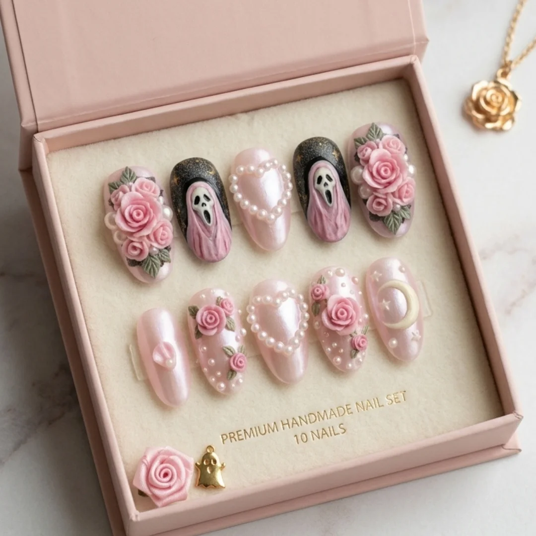 handmade 3D nails, pink ghostface nails, press on nails, custom press on nails, fake nails, Nails Art, stained glass nails, gold press on nails, 3d press on nails, luxury press on nails, handmade press on nails