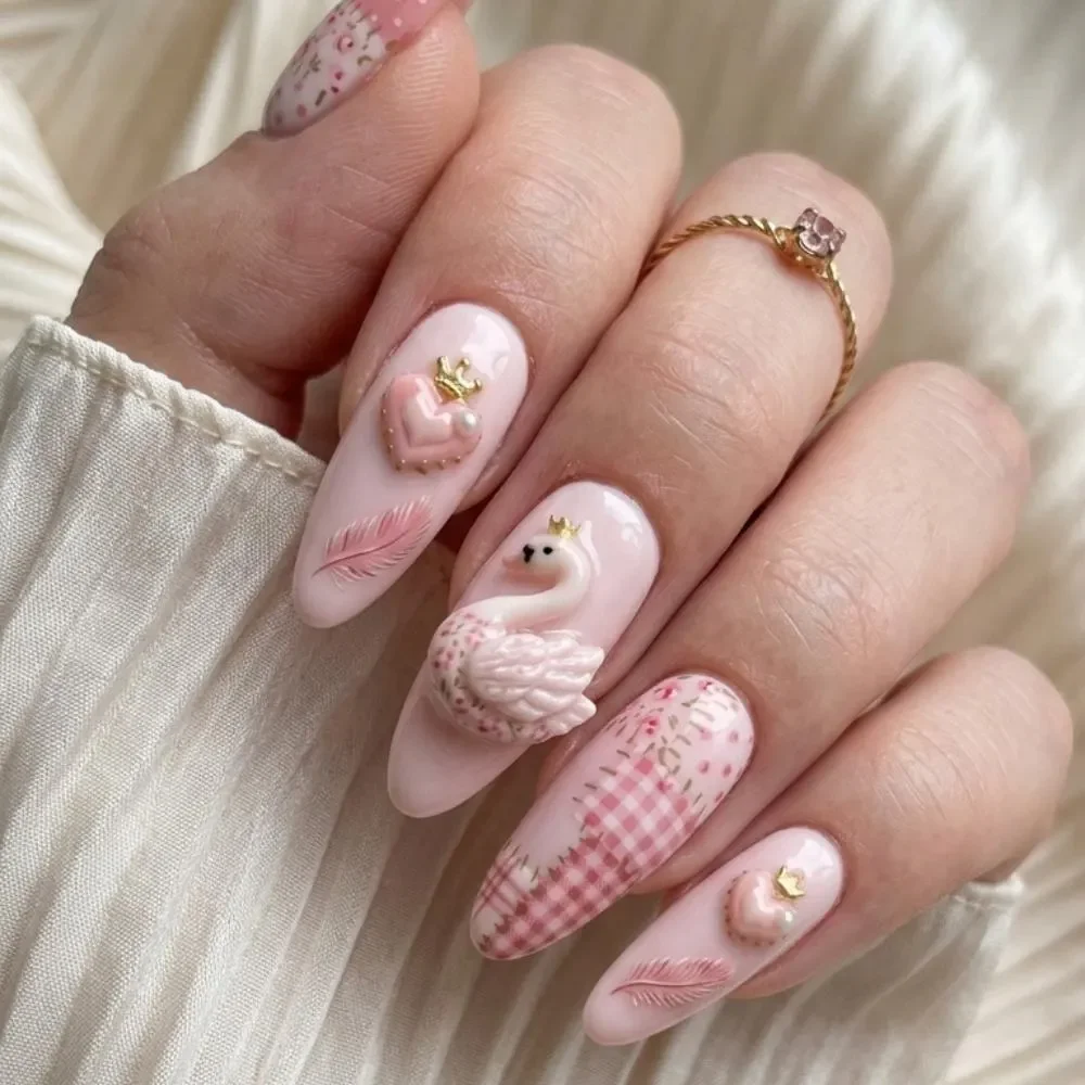 handmade 3D nails, swan princess nails, press on nails, custom press on nails, fake nails, Nails Art, stained glass nails, gold press on nails, 3d press on nails, luxury press on nails, handmade press on nails