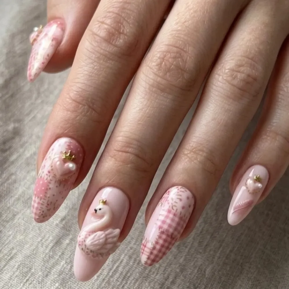 coquette pink nails, patchwork gingham, press on nails, custom press on nails, fake nails, Nails Art, stained glass nails, gold press on nails, 3d press on nails, luxury press on nails, handmade press on nails