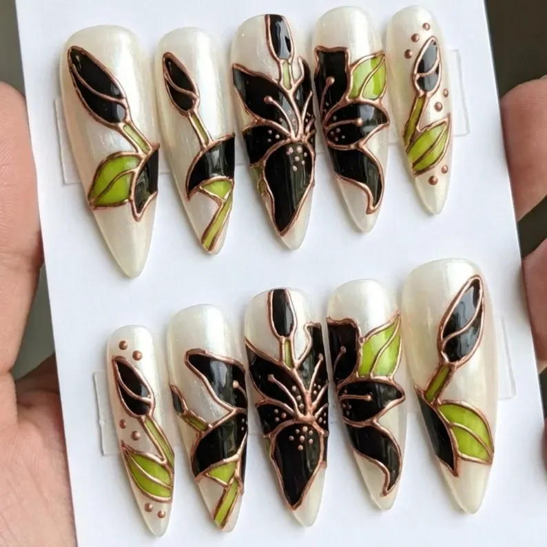 Black floral, Iridescent manicure, press on nails, custom press on nails, fake nails, Nails Art, stained glass nails, gold press on nails, 3d press on nails, luxury press on nails, handmade press on nails