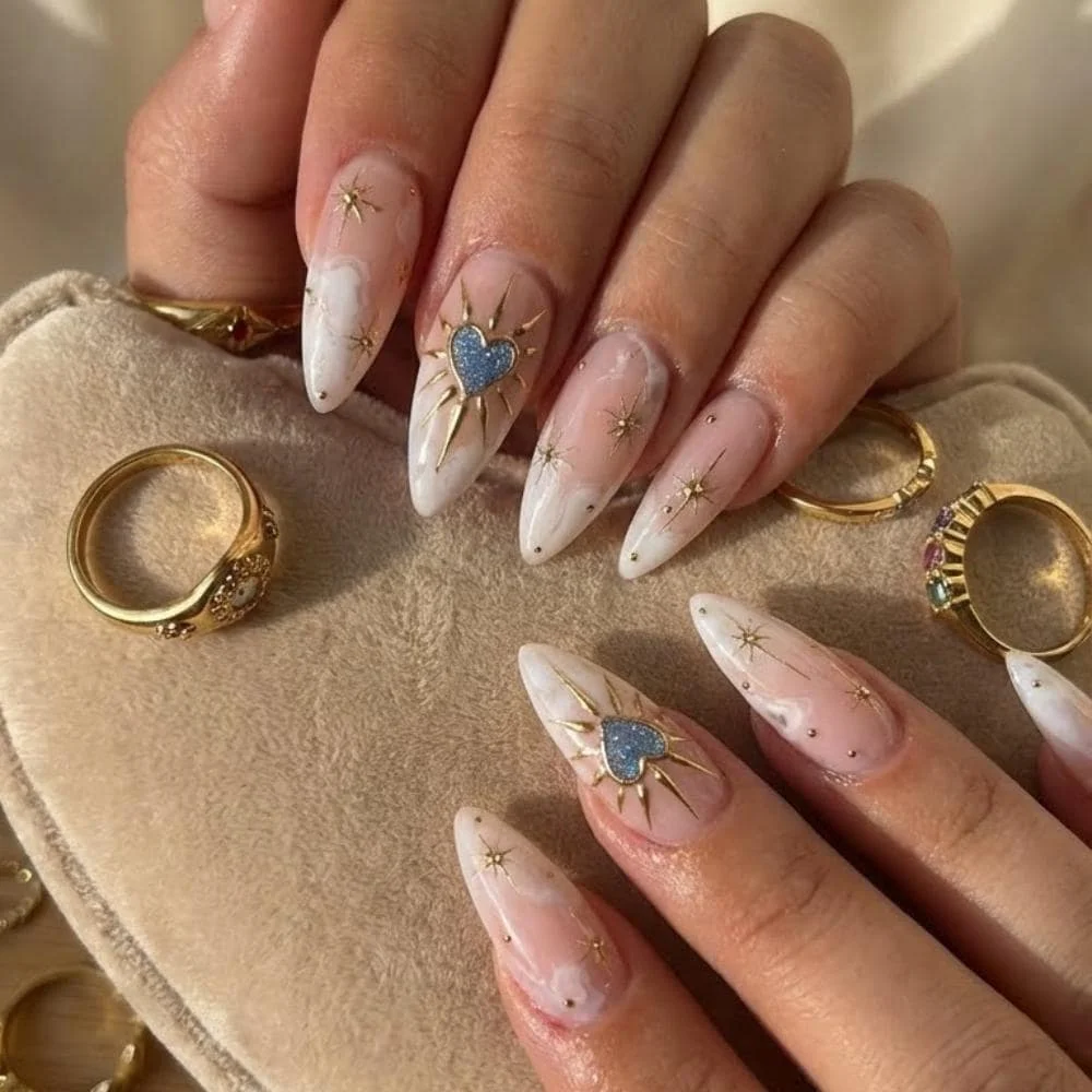 handmade blue heart, press on nails, custom press on nails, fake nails, Nails Art, stained glass nails, gold press on nails, 3d press on nails, luxury press on nails, handmade press on nails